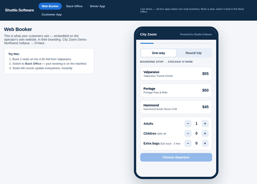 Shuttle.Software Web Booker demo — City Zoom, Valparaiso to O'Hare