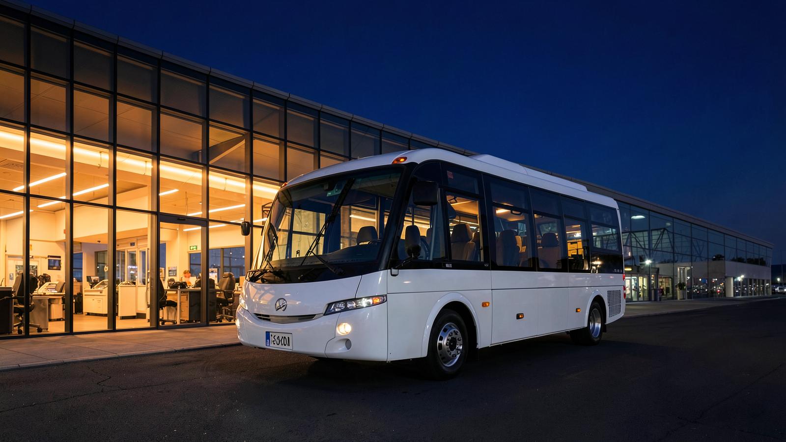 White airport shuttle bus outside a terminal at dusk