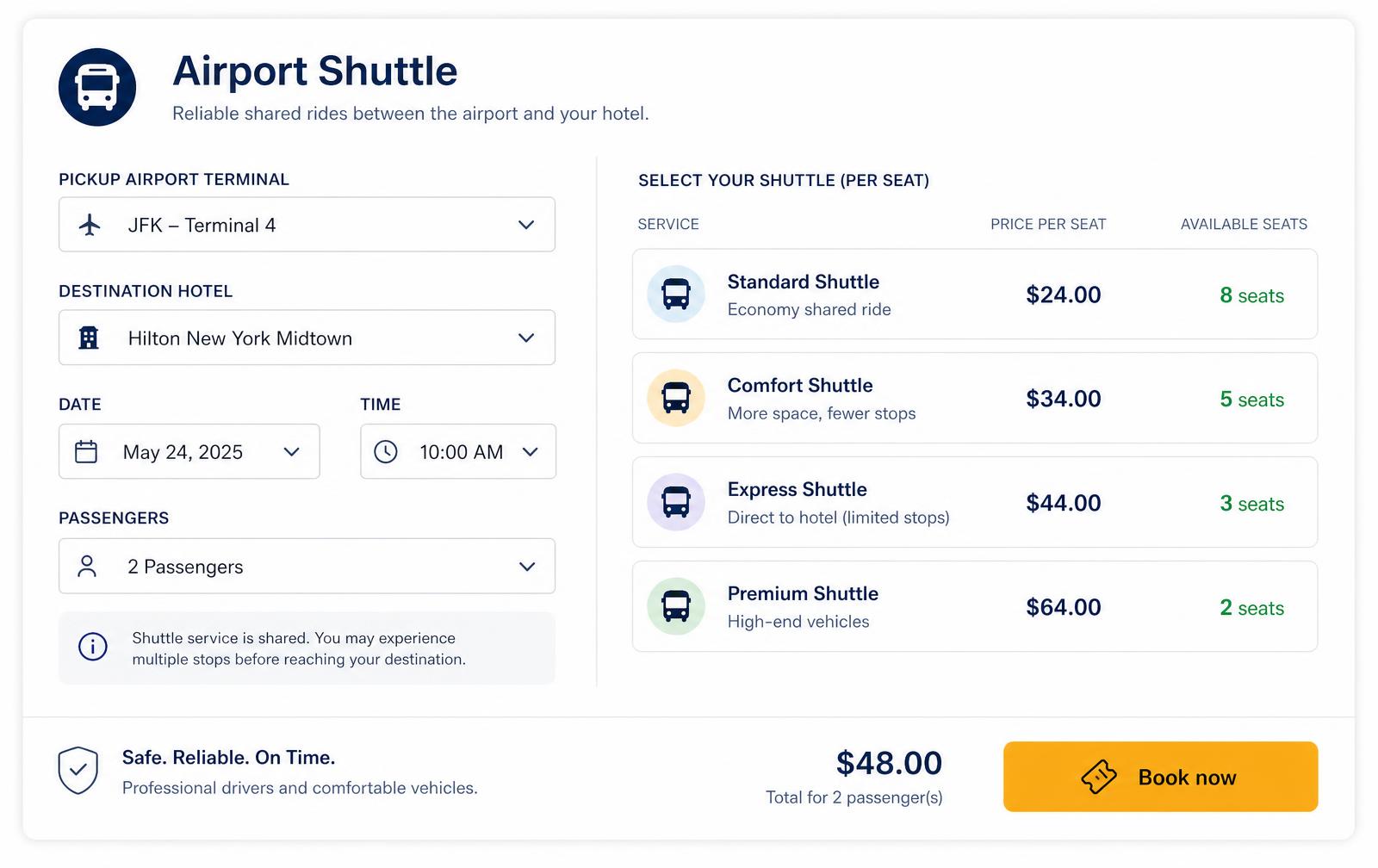Airport shuttle booking widget with terminal pickup, hotel destination and per-seat pricing